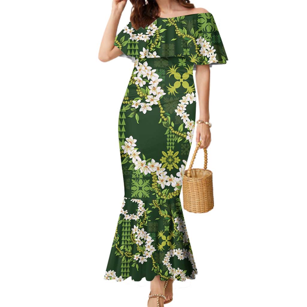 Mokihana Maile and Ilima Leis Family Matching Mermaid Dress and Hawaiian Shirt Omaʻomaʻo Hawaiian Tapa Quilt Pattern LT9 Mom's Dress Green - Polynesian Pride