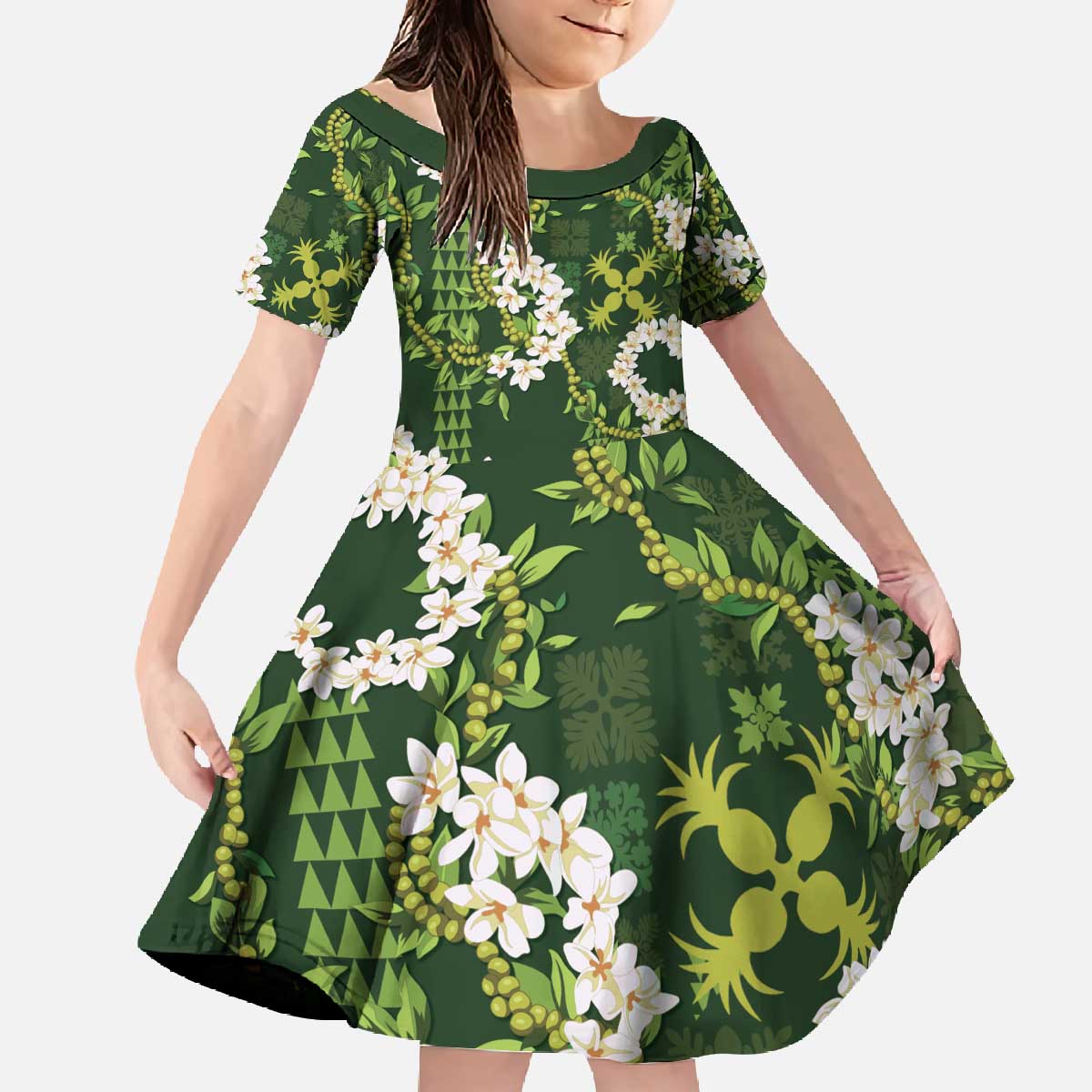 Mokihana Maile and Ilima Leis Family Matching Off The Shoulder Long Sleeve Dress and Hawaiian Shirt Omaʻomaʻo Hawaiian Tapa Quilt Pattern LT9 Daughter's Dress Green - Polynesian Pride