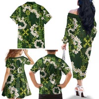 Mokihana Maile and Ilima Leis Family Matching Off The Shoulder Long Sleeve Dress and Hawaiian Shirt Omaʻomaʻo Hawaiian Tapa Quilt Pattern LT9 - Polynesian Pride