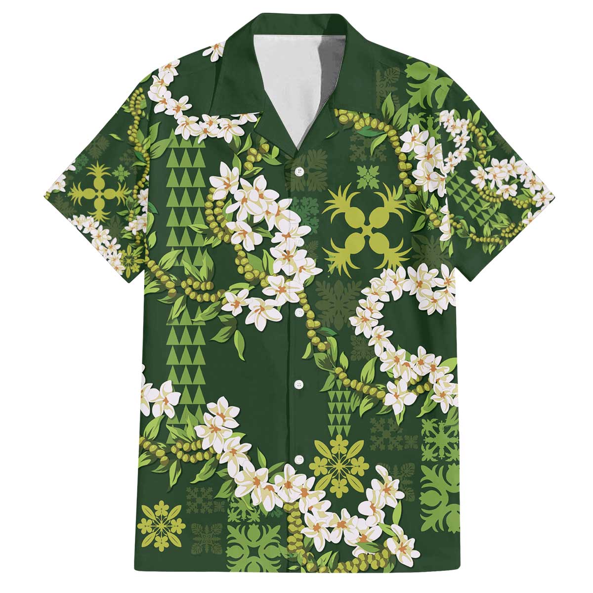 Mokihana Maile and Ilima Leis Family Matching Off The Shoulder Long Sleeve Dress and Hawaiian Shirt Omaʻomaʻo Hawaiian Tapa Quilt Pattern LT9 Dad's Shirt - Short Sleeve Green - Polynesian Pride