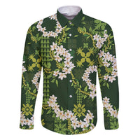 Mokihana Maile and Ilima Leis Family Matching Off The Shoulder Long Sleeve Dress and Hawaiian Shirt Omaʻomaʻo Hawaiian Tapa Quilt Pattern LT9 Dad's Shirt - Long Sleeve Green - Polynesian Pride