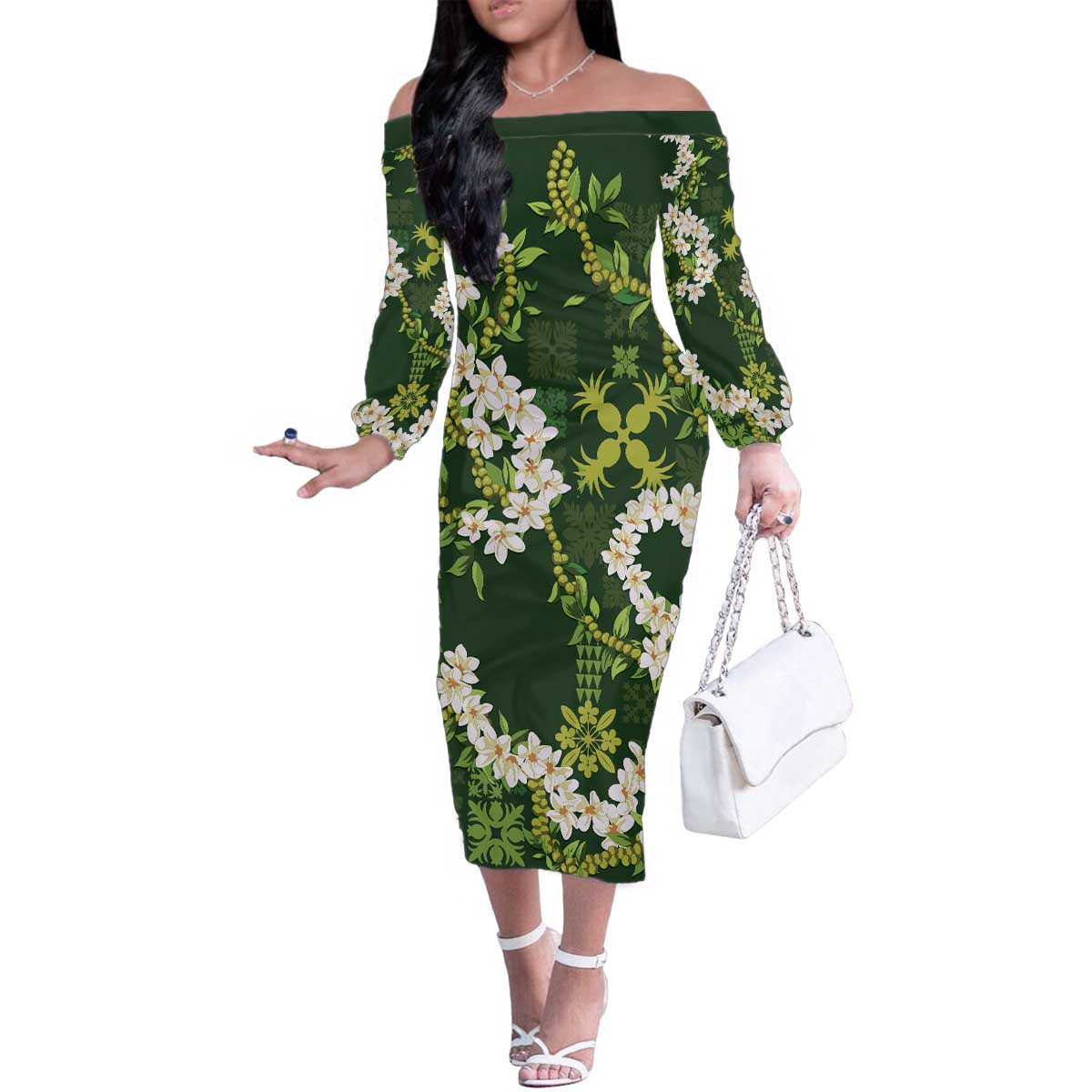 Mokihana Maile and Ilima Leis Family Matching Off The Shoulder Long Sleeve Dress and Hawaiian Shirt Omaʻomaʻo Hawaiian Tapa Quilt Pattern LT9 Mom's Dress Green - Polynesian Pride