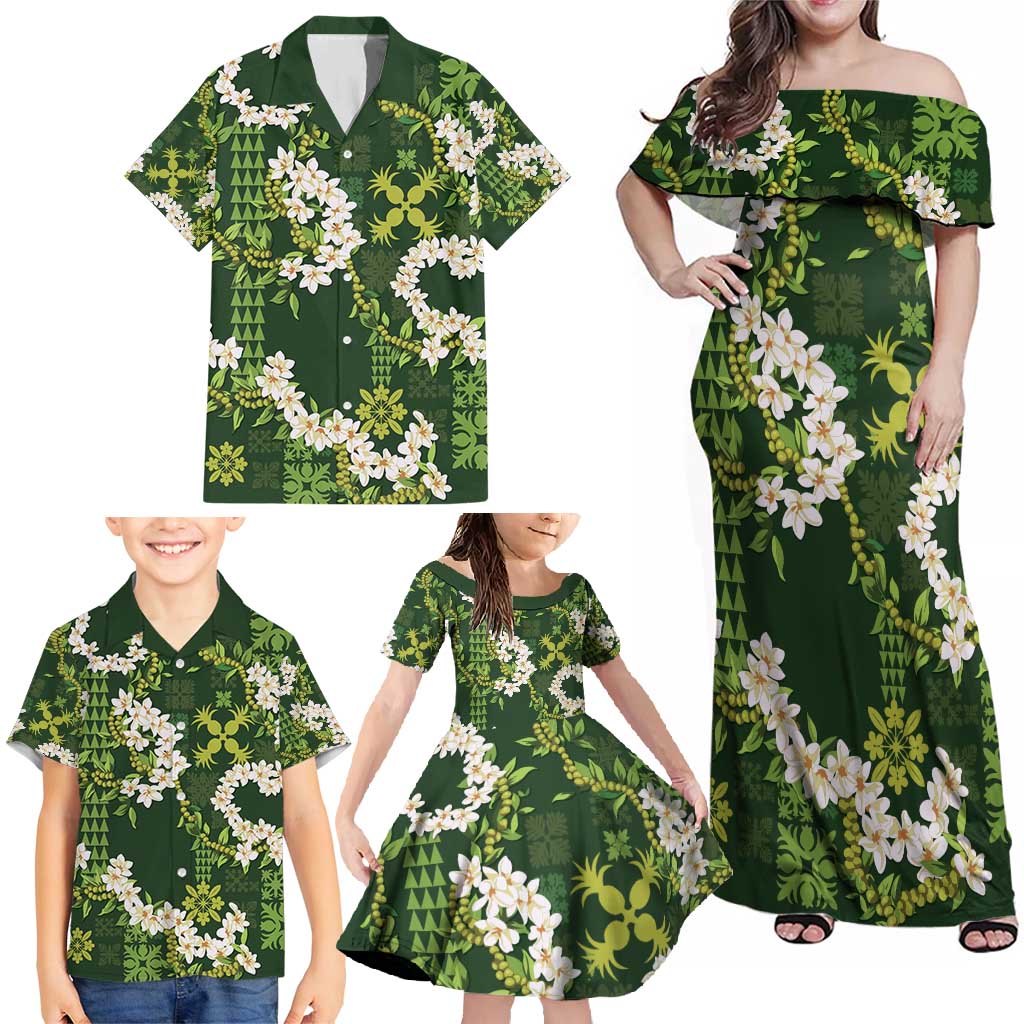 Mokihana Maile and Ilima Leis Family Matching Off Shoulder Maxi Dress and Hawaiian Shirt Omaʻomaʻo Hawaiian Tapa Quilt Pattern LT9 - Polynesian Pride