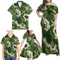 Mokihana Maile and Ilima Leis Family Matching Off Shoulder Maxi Dress and Hawaiian Shirt Omaʻomaʻo Hawaiian Tapa Quilt Pattern LT9 - Polynesian Pride