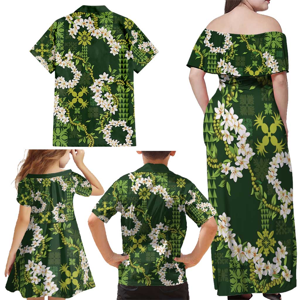 Mokihana Maile and Ilima Leis Family Matching Off Shoulder Maxi Dress and Hawaiian Shirt Omaʻomaʻo Hawaiian Tapa Quilt Pattern LT9 - Polynesian Pride
