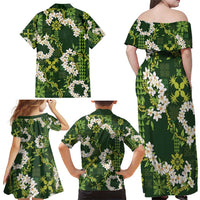 Mokihana Maile and Ilima Leis Family Matching Off Shoulder Maxi Dress and Hawaiian Shirt Omaʻomaʻo Hawaiian Tapa Quilt Pattern LT9 - Polynesian Pride