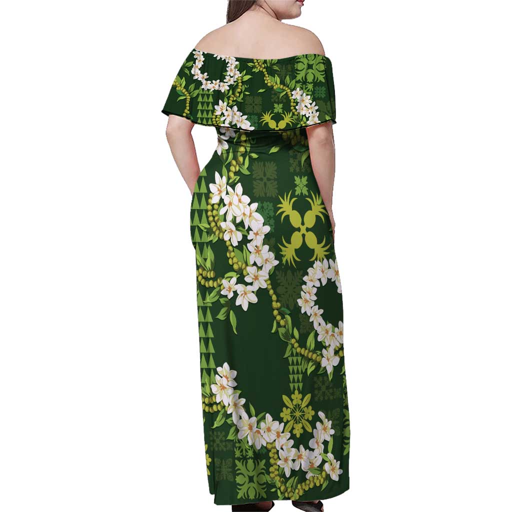 Mokihana Maile and Ilima Leis Family Matching Off Shoulder Maxi Dress and Hawaiian Shirt Omaʻomaʻo Hawaiian Tapa Quilt Pattern LT9 - Polynesian Pride