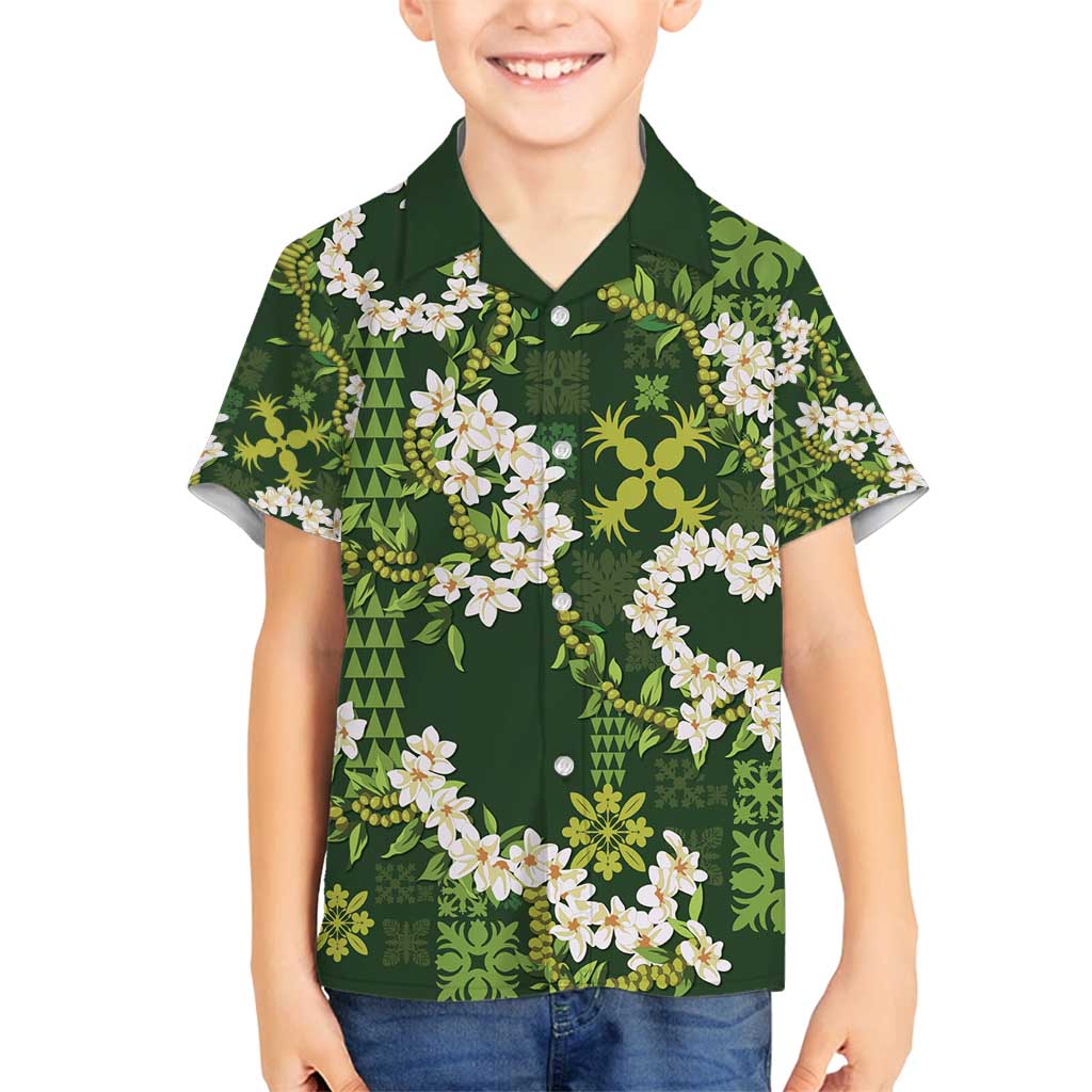 Mokihana Maile and Ilima Leis Family Matching Off Shoulder Maxi Dress and Hawaiian Shirt Omaʻomaʻo Hawaiian Tapa Quilt Pattern LT9 Son's Shirt Green - Polynesian Pride