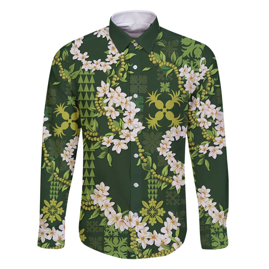Mokihana Maile and Ilima Leis Family Matching Off Shoulder Short Dress and Hawaiian Shirt Omaʻomaʻo Hawaiian Tapa Quilt Pattern LT9 Dad's Shirt - Long Sleeve Green - Polynesian Pride
