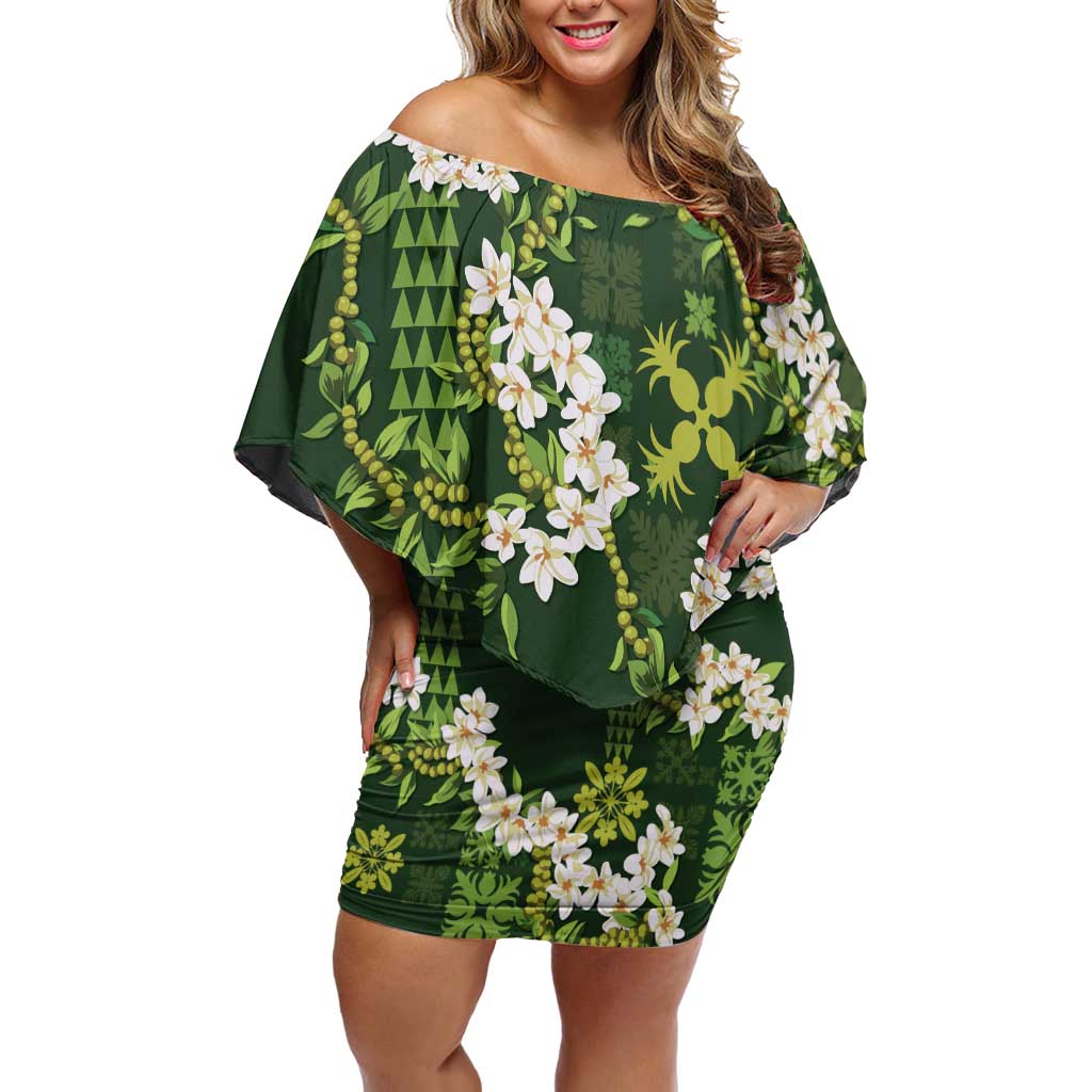 Mokihana Maile and Ilima Leis Family Matching Off Shoulder Short Dress and Hawaiian Shirt Omaʻomaʻo Hawaiian Tapa Quilt Pattern LT9 Mom's Dress Green - Polynesian Pride