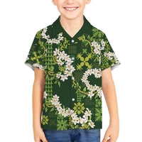 Mokihana Maile and Ilima Leis Family Matching Off Shoulder Short Dress and Hawaiian Shirt Omaʻomaʻo Hawaiian Tapa Quilt Pattern LT9 Son's Shirt Green - Polynesian Pride