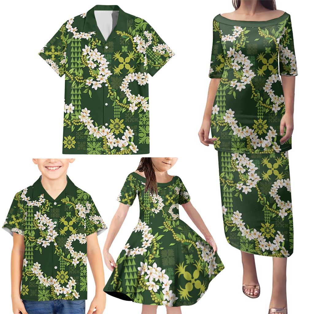 Mokihana Maile and Ilima Leis Family Matching Puletasi and Hawaiian Shirt Omaʻomaʻo Hawaiian Tapa Quilt Pattern - Polynesian Pride
