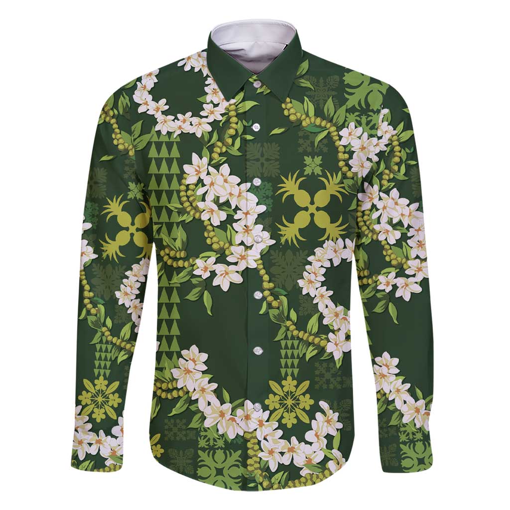 Mokihana Maile and Ilima Leis Family Matching Short Sleeve Bodycon Dress and Hawaiian Shirt Omaʻomaʻo Hawaiian Tapa Quilt Pattern LT9 Dad's Shirt - Long Sleeve Green - Polynesian Pride