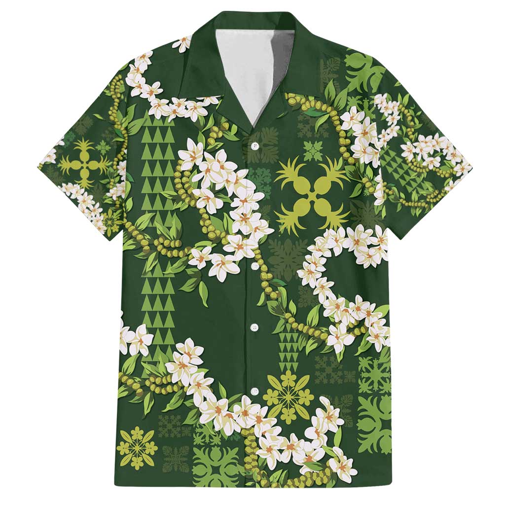 Mokihana Maile and Ilima Leis Family Matching Summer Maxi Dress and Hawaiian Shirt Omaʻomaʻo Hawaiian Tapa Quilt Pattern LT9 Dad's Shirt - Short Sleeve Green - Polynesian Pride