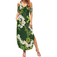 Mokihana Maile and Ilima Leis Family Matching Summer Maxi Dress and Hawaiian Shirt Omaʻomaʻo Hawaiian Tapa Quilt Pattern LT9 Mom's Dress Green - Polynesian Pride