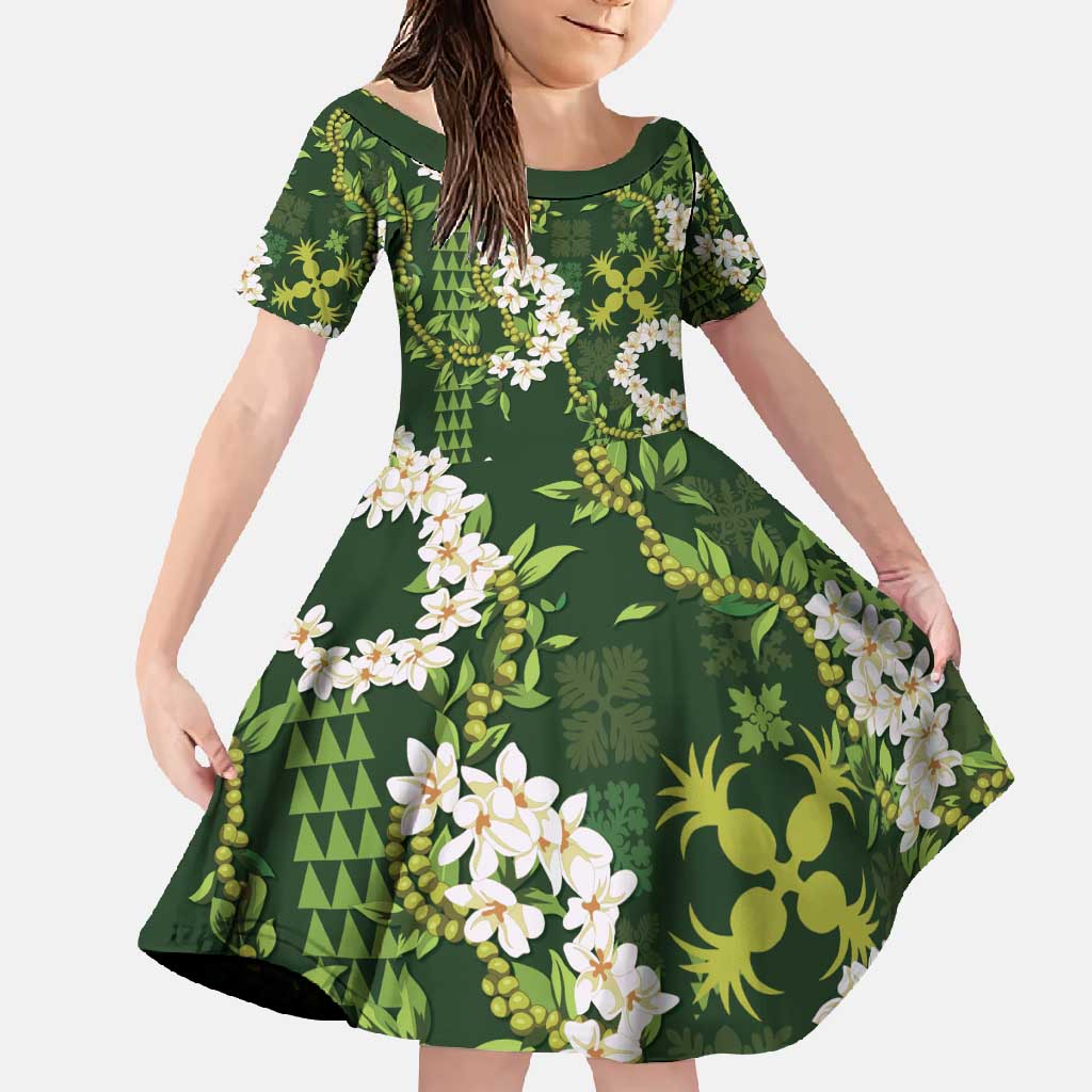 Mokihana Maile and Ilima Leis Family Matching Tank Maxi Dress and Hawaiian Shirt Omaʻomaʻo Hawaiian Tapa Quilt Pattern LT9 Daughter's Dress Green - Polynesian Pride