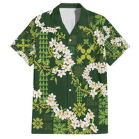 Mokihana Maile and Ilima Leis Family Matching Tank Maxi Dress and Hawaiian Shirt Omaʻomaʻo Hawaiian Tapa Quilt Pattern LT9 Dad's Shirt - Short Sleeve Green - Polynesian Pride