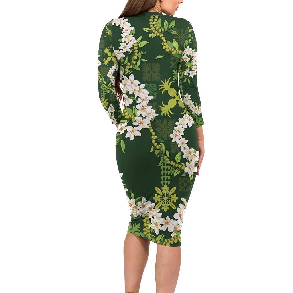Mokihana Maile and Ilima Leis Long Sleeve Bodycon Dress Omaʻomaʻo Hawaiian Tapa Quilt Pattern - Polynesian Pride