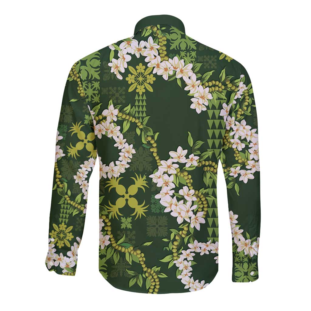 Mokihana Maile and Ilima Leis Long Sleeve Button Shirt Omaʻomaʻo Hawaiian Tapa Quilt Pattern LT9 - Polynesian Pride