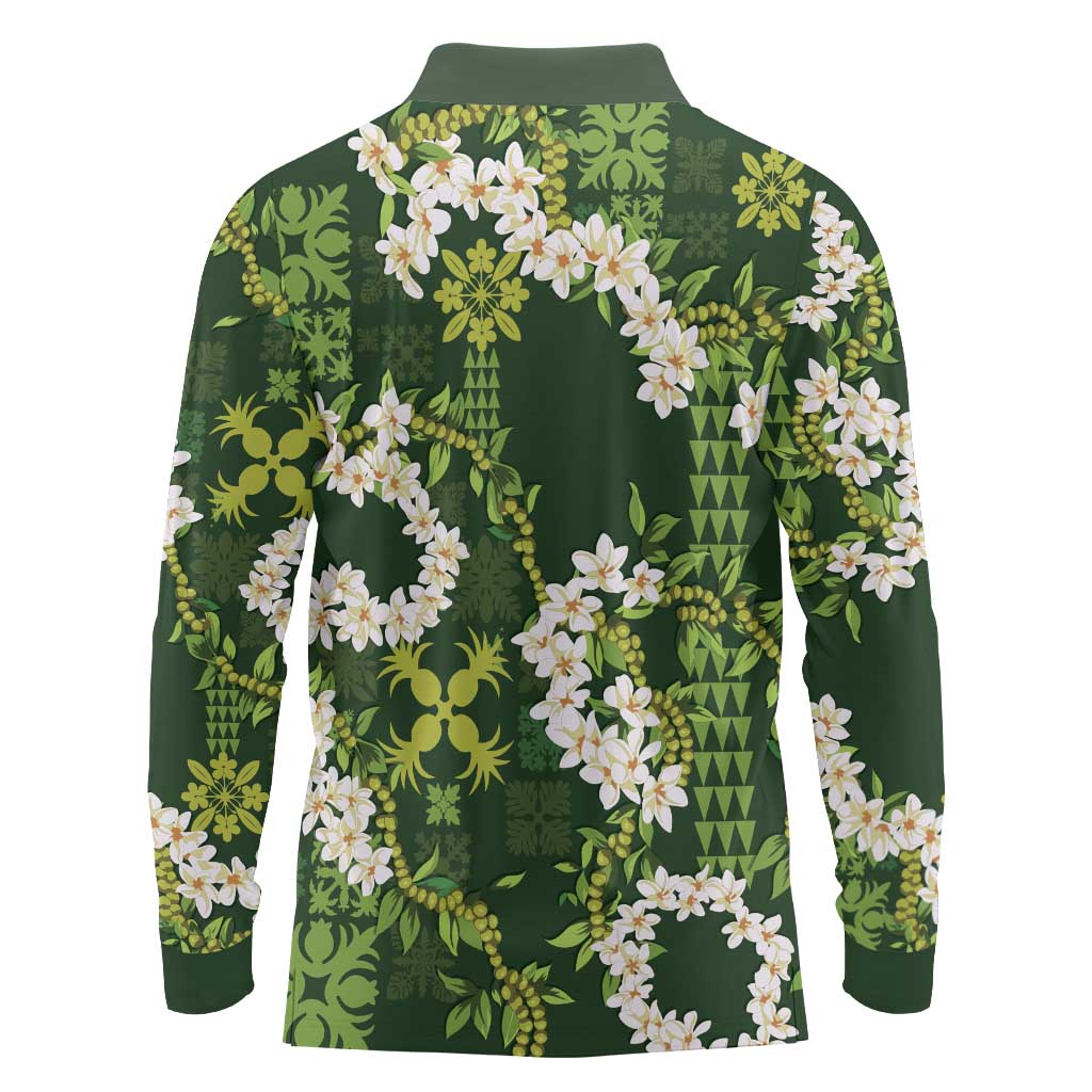 Mokihana Maile and Ilima Leis Long Sleeve Polo Shirt Omaʻomaʻo Hawaiian Tapa Quilt Pattern - Polynesian Pride