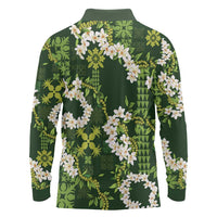 Mokihana Maile and Ilima Leis Long Sleeve Polo Shirt Omaʻomaʻo Hawaiian Tapa Quilt Pattern - Polynesian Pride