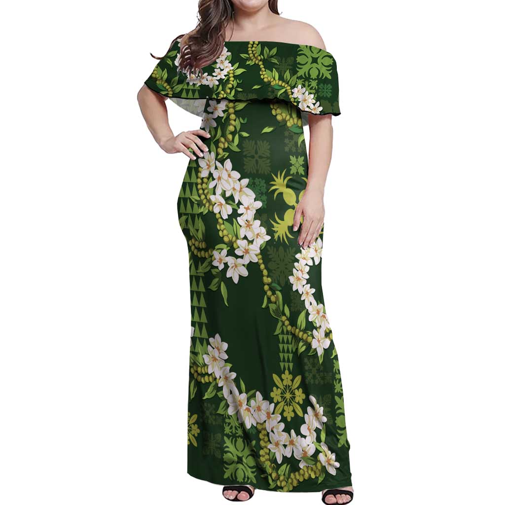 Mokihana Maile and Ilima Leis Off Shoulder Maxi Dress Omaʻomaʻo Hawaiian Tapa Quilt Pattern - Polynesian Pride