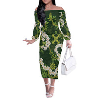 Mokihana Maile and Ilima Leis Off The Shoulder Long Sleeve Dress Omaʻomaʻo Hawaiian Tapa Quilt Pattern LT9 Women Green - Polynesian Pride
