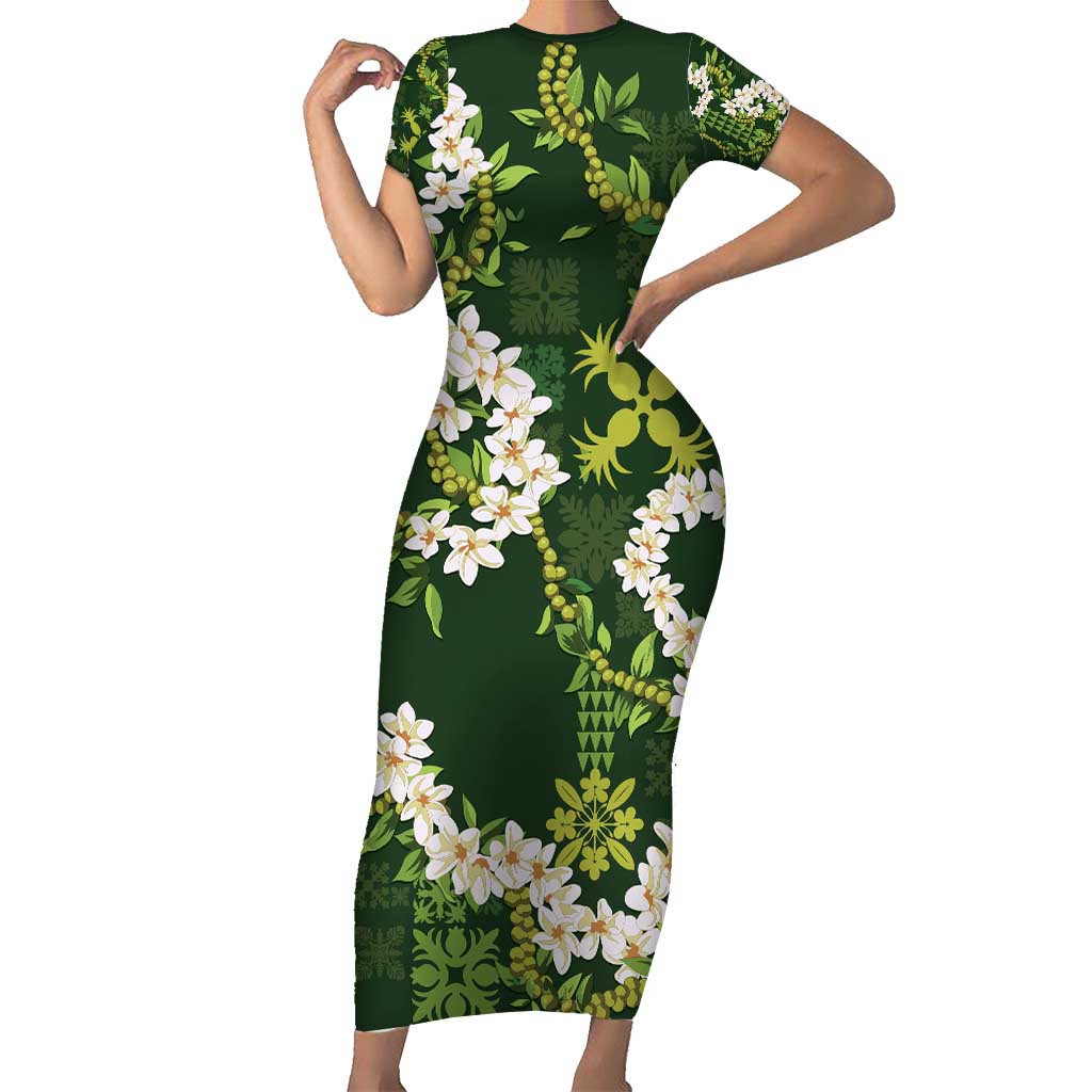 Mokihana Maile and Ilima Leis Short Sleeve Bodycon Dress Omaʻomaʻo Hawaiian Tapa Quilt Pattern - Polynesian Pride