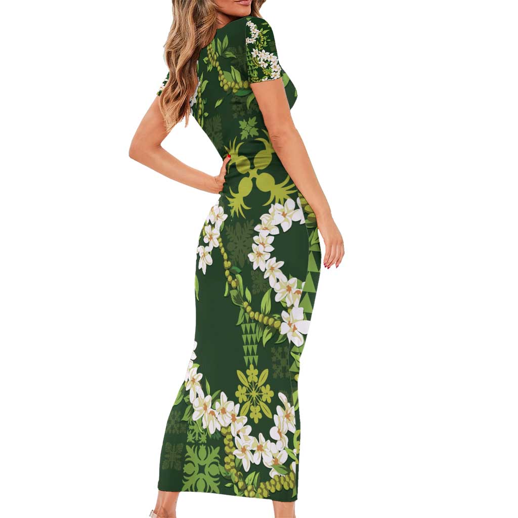 Mokihana Maile and Ilima Leis Short Sleeve Bodycon Dress Omaʻomaʻo Hawaiian Tapa Quilt Pattern - Polynesian Pride