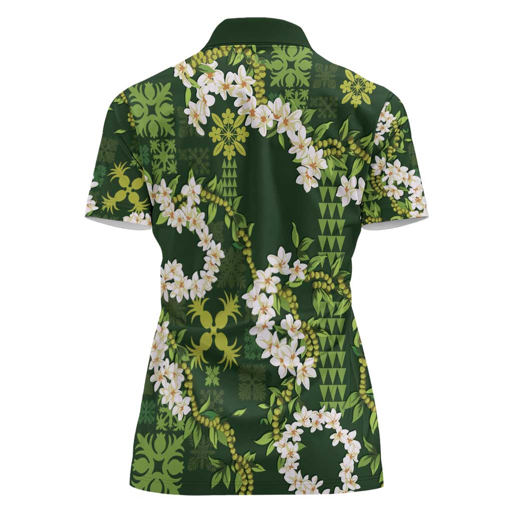 Mokihana Maile and Ilima Leis Women Polo Shirt Omaʻomaʻo Hawaiian Tapa Quilt Pattern - Polynesian Pride
