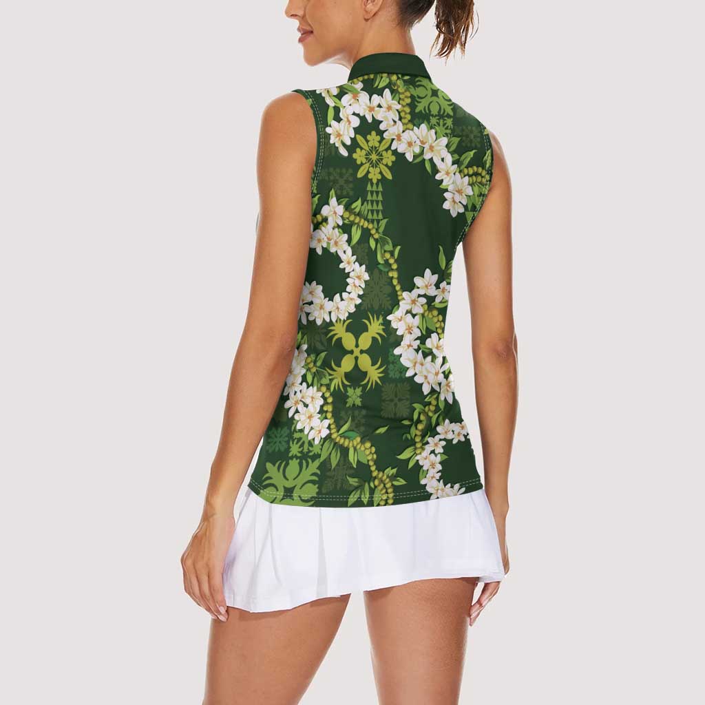 Mokihana Maile and Ilima Leis Women Sleeveless Polo Shirt Omaʻomaʻo Hawaiian Tapa Quilt Pattern - Polynesian Pride
