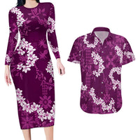 Mokihana Maile and Ilima Leis Couples Matching Long Sleeve Bodycon Dress and Hawaiian Shirt Akala Hawaiian Tapa Quilt Pattern LT9 Pink - Polynesian Pride