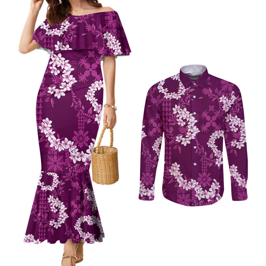 Mokihana Maile and Ilima Leis Couples Matching Mermaid Dress and Long Sleeve Button Shirt Akala Hawaiian Tapa Quilt Pattern - Polynesian Pride