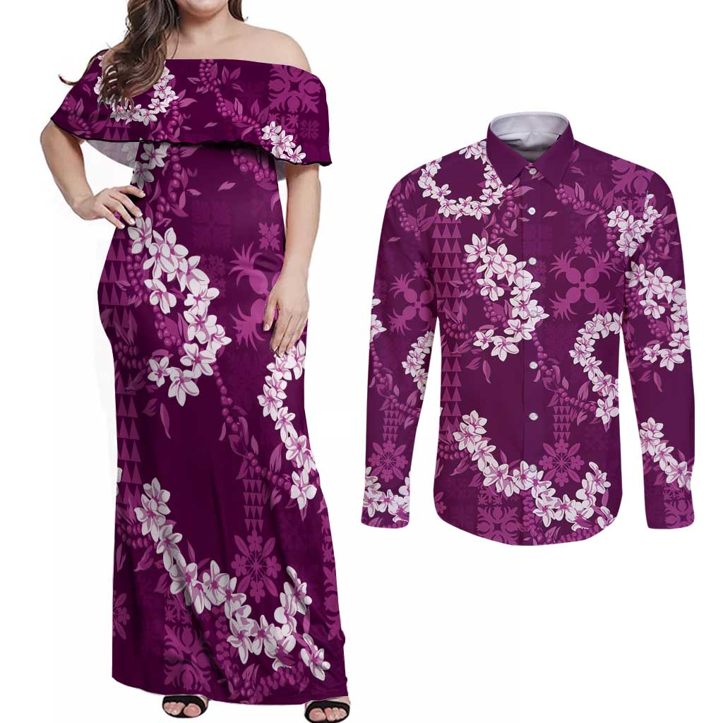 Mokihana Maile and Ilima Leis Couples Matching Off Shoulder Maxi Dress and Long Sleeve Button Shirt Akala Hawaiian Tapa Quilt Pattern LT9 Pink - Polynesian Pride