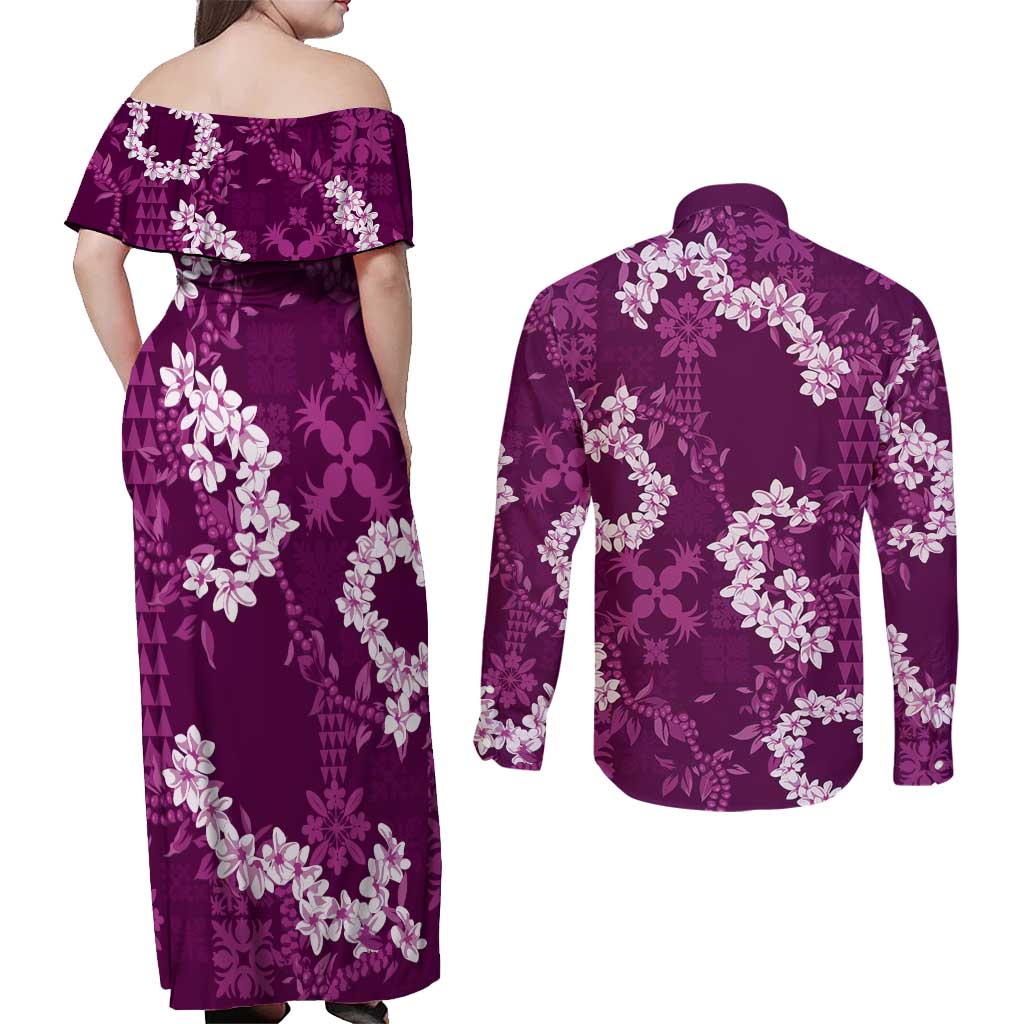 Mokihana Maile and Ilima Leis Couples Matching Off Shoulder Maxi Dress and Long Sleeve Button Shirt Akala Hawaiian Tapa Quilt Pattern LT9 - Polynesian Pride