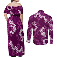 Mokihana Maile and Ilima Leis Couples Matching Off Shoulder Maxi Dress and Long Sleeve Button Shirt Akala Hawaiian Tapa Quilt Pattern LT9 - Polynesian Pride