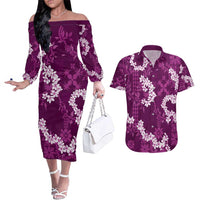 Mokihana Maile and Ilima Leis Couples Matching Off The Shoulder Long Sleeve Dress and Hawaiian Shirt Akala Hawaiian Tapa Quilt Pattern LT9 Pink - Polynesian Pride