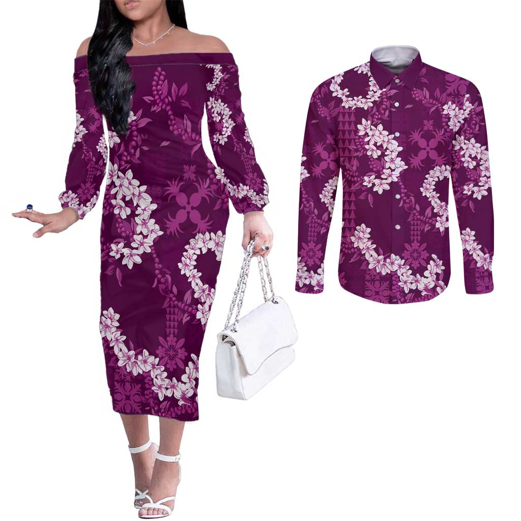 Mokihana Maile and Ilima Leis Couples Matching Off The Shoulder Long Sleeve Dress and Long Sleeve Button Shirt Akala Hawaiian Tapa Quilt Pattern - Polynesian Pride