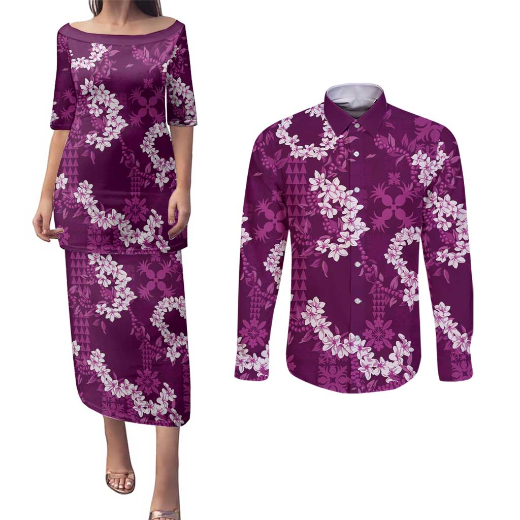 Mokihana Maile and Ilima Leis Couples Matching Puletasi and Long Sleeve Button Shirt Akala Hawaiian Tapa Quilt Pattern - Polynesian Pride