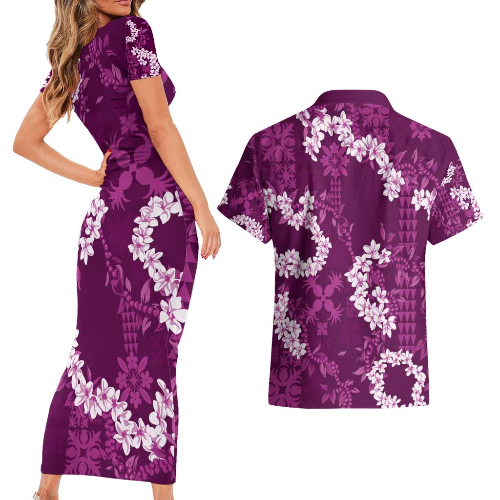 Mokihana Maile and Ilima Leis Couples Matching Short Sleeve Bodycon Dress and Hawaiian Shirt Akala Hawaiian Tapa Quilt Pattern - Polynesian Pride