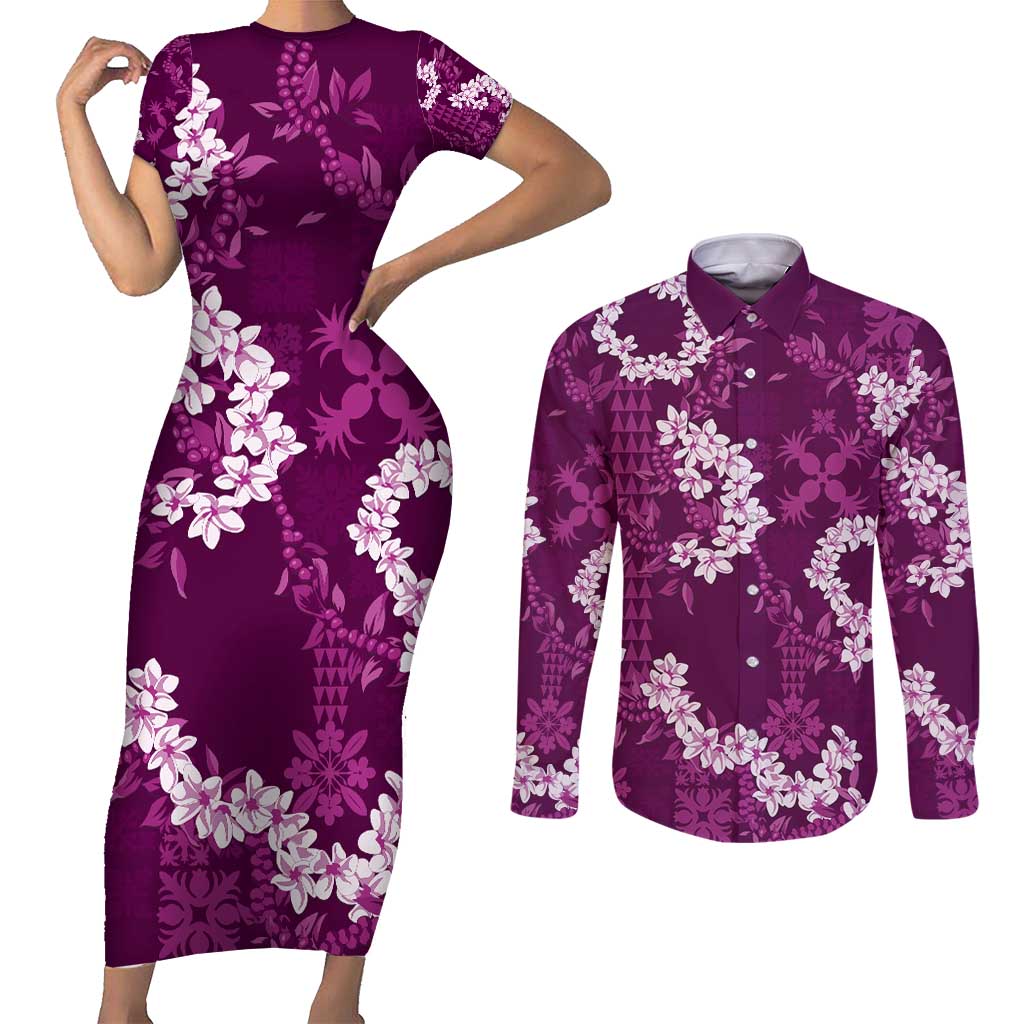 Mokihana Maile and Ilima Leis Couples Matching Short Sleeve Bodycon Dress and Long Sleeve Button Shirt Akala Hawaiian Tapa Quilt Pattern - Polynesian Pride