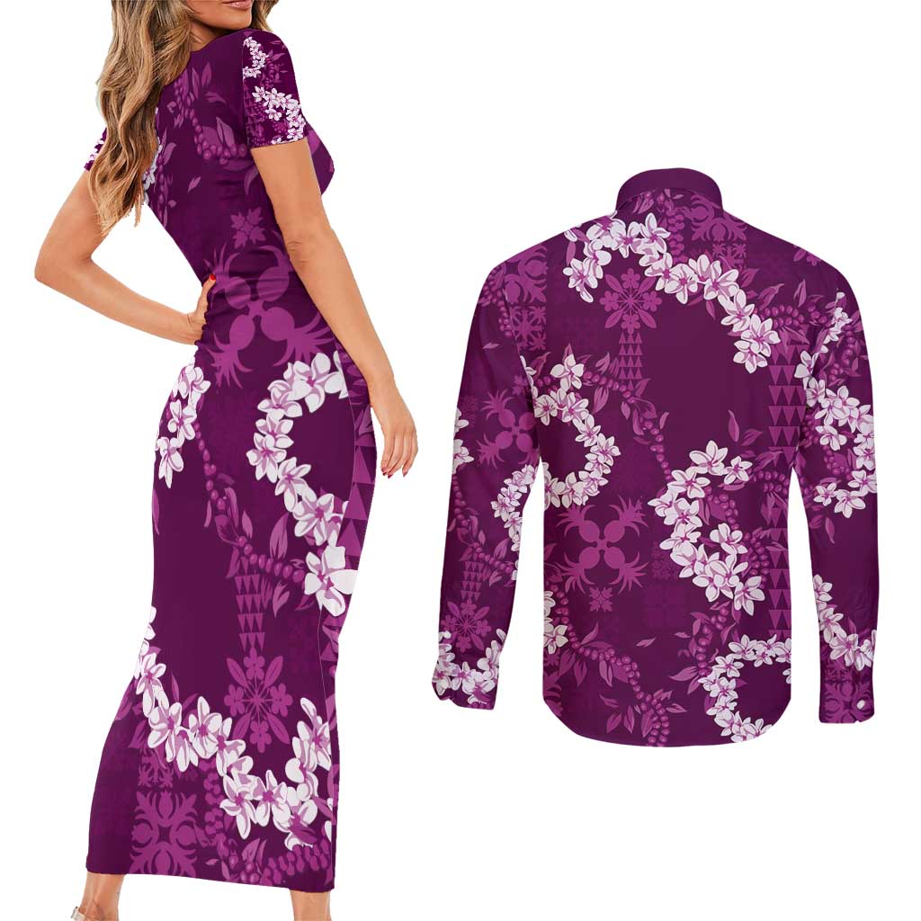 Mokihana Maile and Ilima Leis Couples Matching Short Sleeve Bodycon Dress and Long Sleeve Button Shirt Akala Hawaiian Tapa Quilt Pattern LT9 - Polynesian Pride