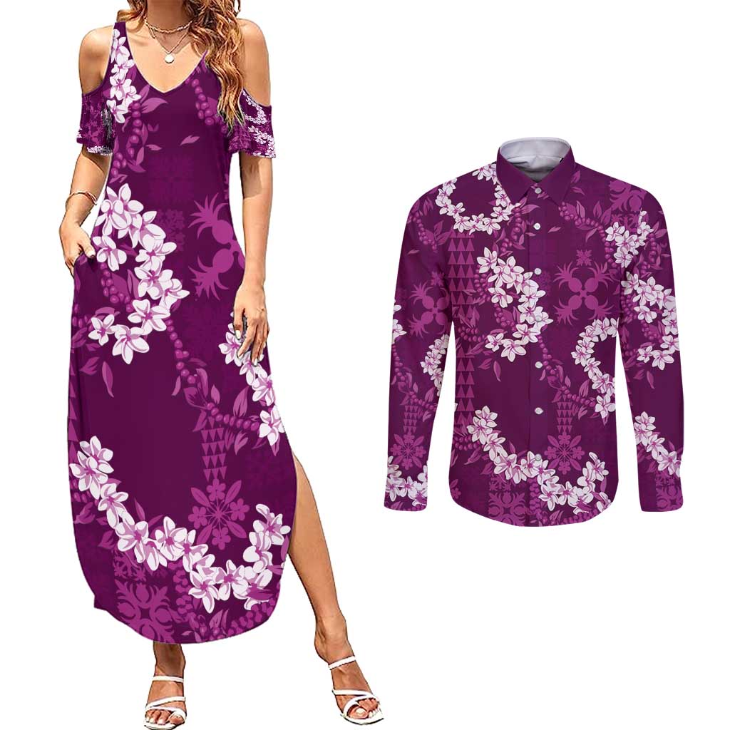 Mokihana Maile and Ilima Leis Couples Matching Summer Maxi Dress and Long Sleeve Button Shirt Akala Hawaiian Tapa Quilt Pattern LT9 Pink - Polynesian Pride