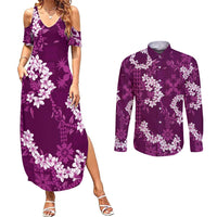 Mokihana Maile and Ilima Leis Couples Matching Summer Maxi Dress and Long Sleeve Button Shirt Akala Hawaiian Tapa Quilt Pattern LT9 Pink - Polynesian Pride