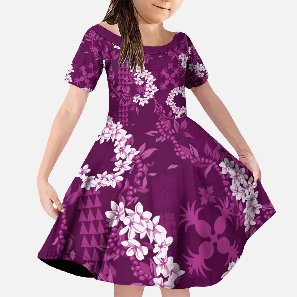 Mokihana Maile and Ilima Leis Family Matching Long Sleeve Bodycon Dress and Hawaiian Shirt Akala Hawaiian Tapa Quilt Pattern LT9 Daughter's Dress Pink - Polynesian Pride