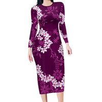 Mokihana Maile and Ilima Leis Family Matching Long Sleeve Bodycon Dress and Hawaiian Shirt Akala Hawaiian Tapa Quilt Pattern LT9 Mom's Dress Pink - Polynesian Pride