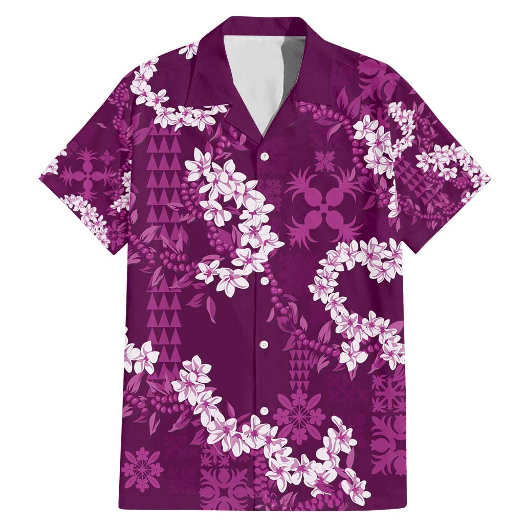 Mokihana Maile and Ilima Leis Family Matching Mermaid Dress and Hawaiian Shirt Akala Hawaiian Tapa Quilt Pattern LT9 Dad's Shirt - Short Sleeve Pink - Polynesian Pride
