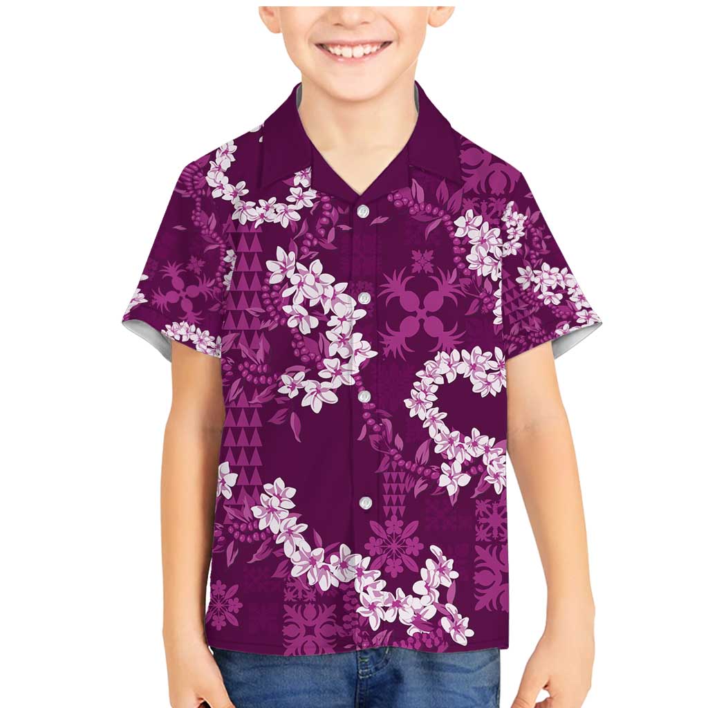 Mokihana Maile and Ilima Leis Family Matching Mermaid Dress and Hawaiian Shirt Akala Hawaiian Tapa Quilt Pattern LT9 Son's Shirt Pink - Polynesian Pride