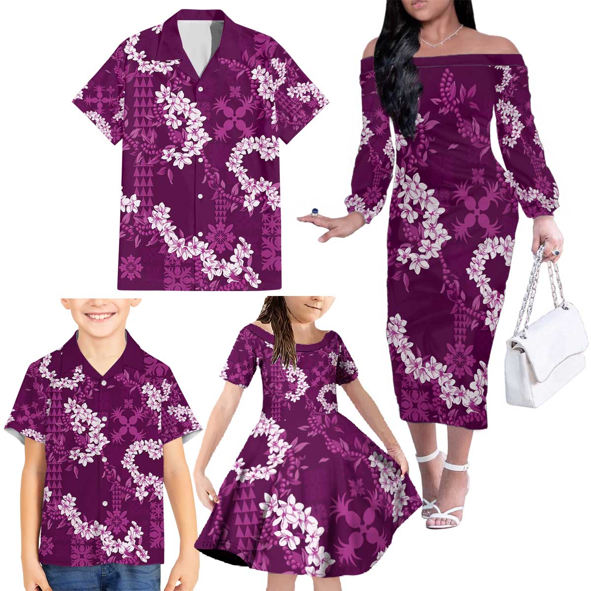 Mokihana Maile and Ilima Leis Family Matching Off The Shoulder Long Sleeve Dress and Hawaiian Shirt Akala Hawaiian Tapa Quilt Pattern LT9 - Polynesian Pride