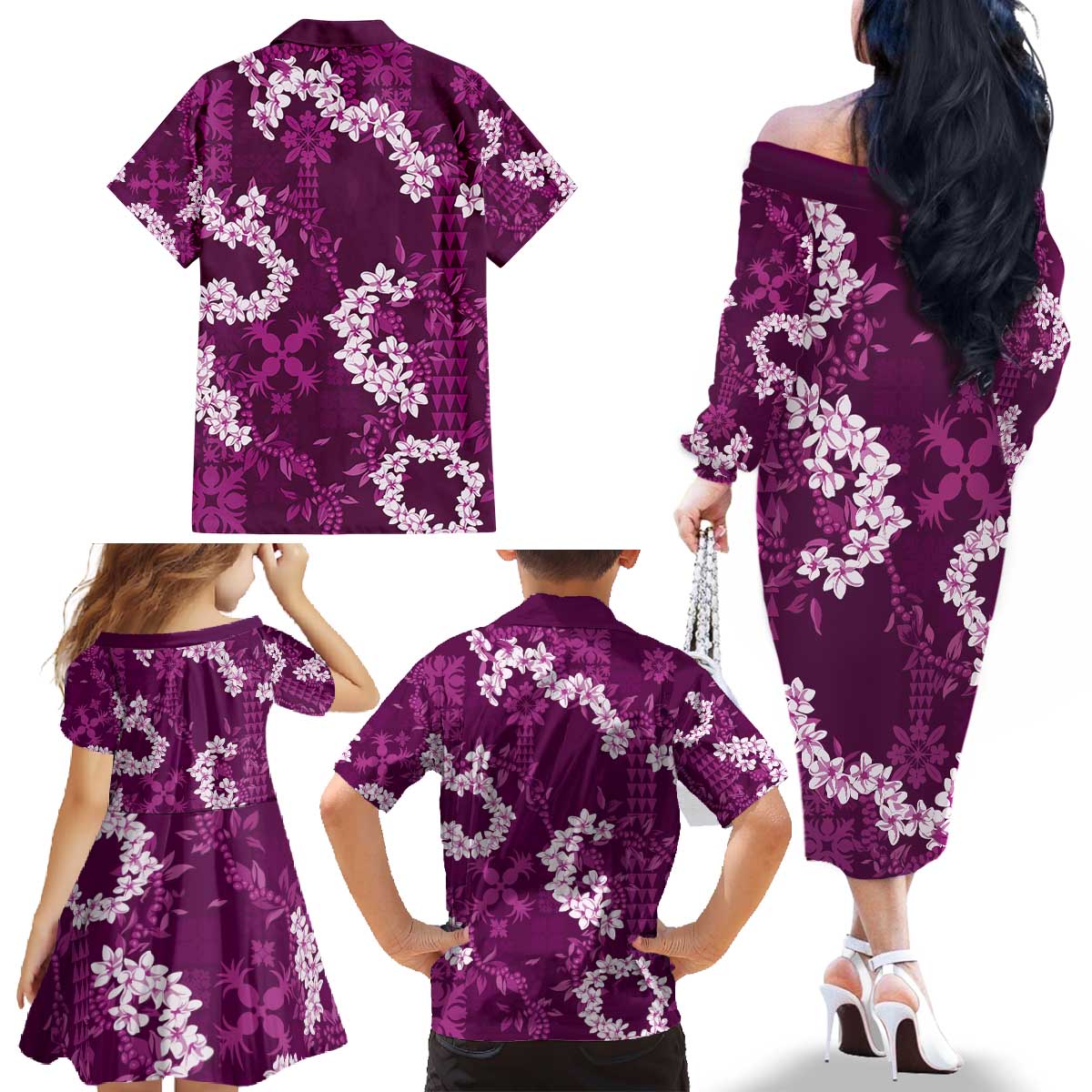 Mokihana Maile and Ilima Leis Family Matching Off The Shoulder Long Sleeve Dress and Hawaiian Shirt Akala Hawaiian Tapa Quilt Pattern LT9 - Polynesian Pride